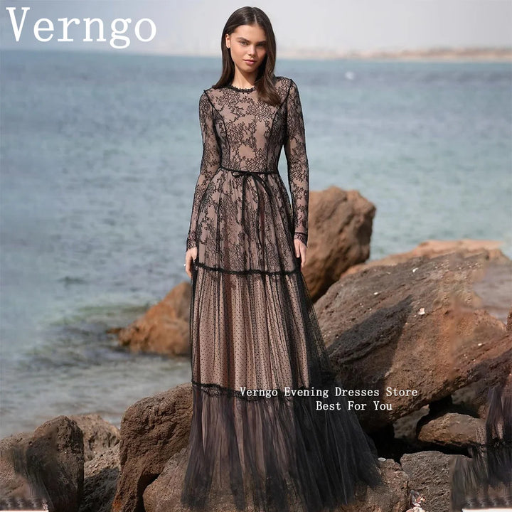 Verngo Black Lace Party Dress Women O Neck Full Sleeve Prom Gown A Line Floor Length Dress For Formal Occasion Outfit customized