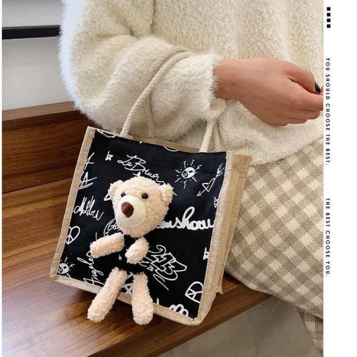 Girls Simple Cute Bear Handbag Ladies Fashion Commuter Canvas Bag Cubic Bear Decoration Canvas Material