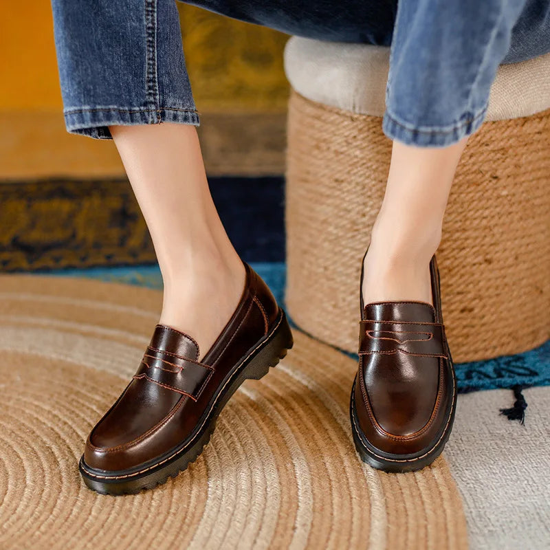 34-40 Women Oxfords Women's Shoes Ladies Leather Female Round Toe Sewing Retro Comfortable Footwear Lolita Shoe Brown