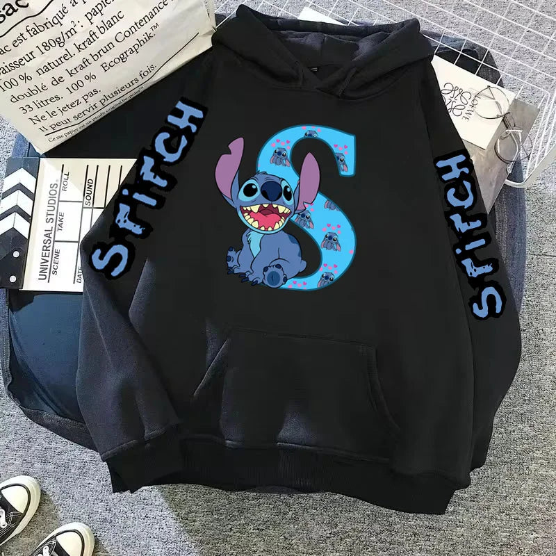 2024 Women's Winter Jacket Cute Kawaii Disney Lilo & Stitch Lucky Letter Print Black Hoodie Fashion Couple Streetwear Sportswear