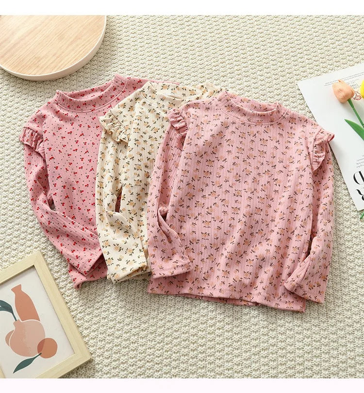 1pcs Autumn Winter Children's T-Shirts Baby Floral Print Tops Kids Round Neck Long Sleeve Base Shirt Girls Tshirts Clothes