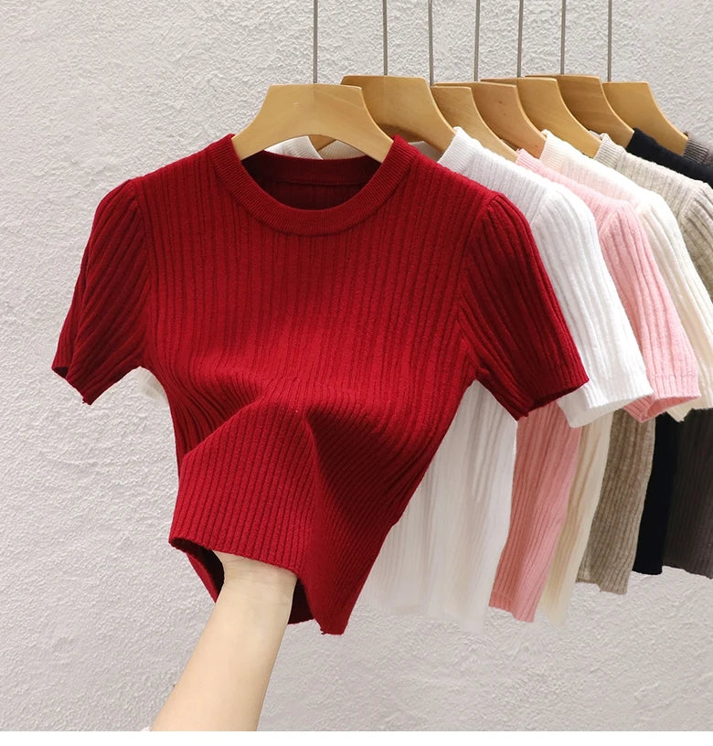 Summer T shirts for Women Casual Female Korean Knit Streetwear Tees Basic Solid Young Cool Tops