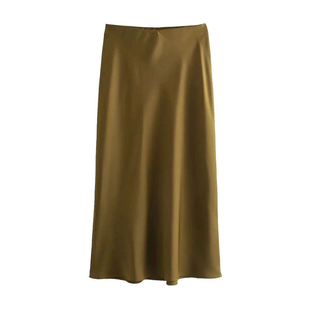 TRAF-Women's Flowing Satin Midi Skirt, High Waist With Elastic Waistband, Female Skirts, Chic Fashion