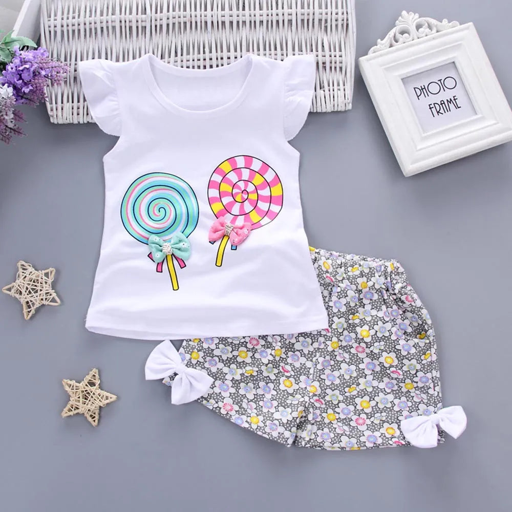 2 Piece Set For Toddler Girl 1~4 Years Children'S Clothing Kids Baby Girls Outfits Lolly T-Shirt Tops+Short Clothes Set 2t 3t 4t