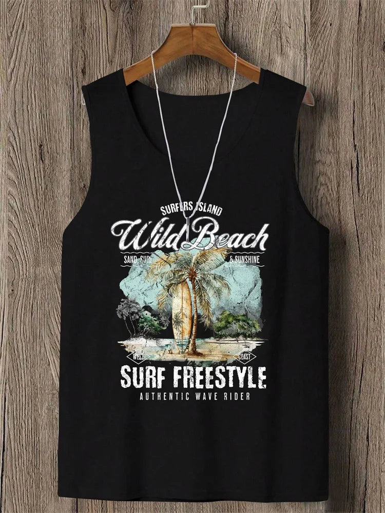 Stylish Men's Vacation Hawaiian Vest Gradient Coconut Print Casual Yacht Party Vest Plus Size Mens Resort Breathable T-Shirt Top