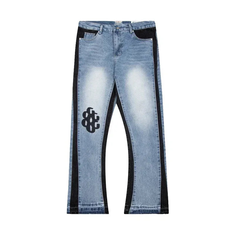 American retro washed letter spliced denim trousers high street trendy brand couple loose straight micro-flared long trousers