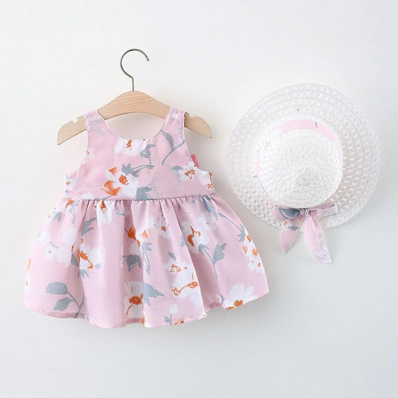 Toddler Girl Outfit Korean Style Dress For Baby Girl Cute Flower Printed Bow Dress Send Hat