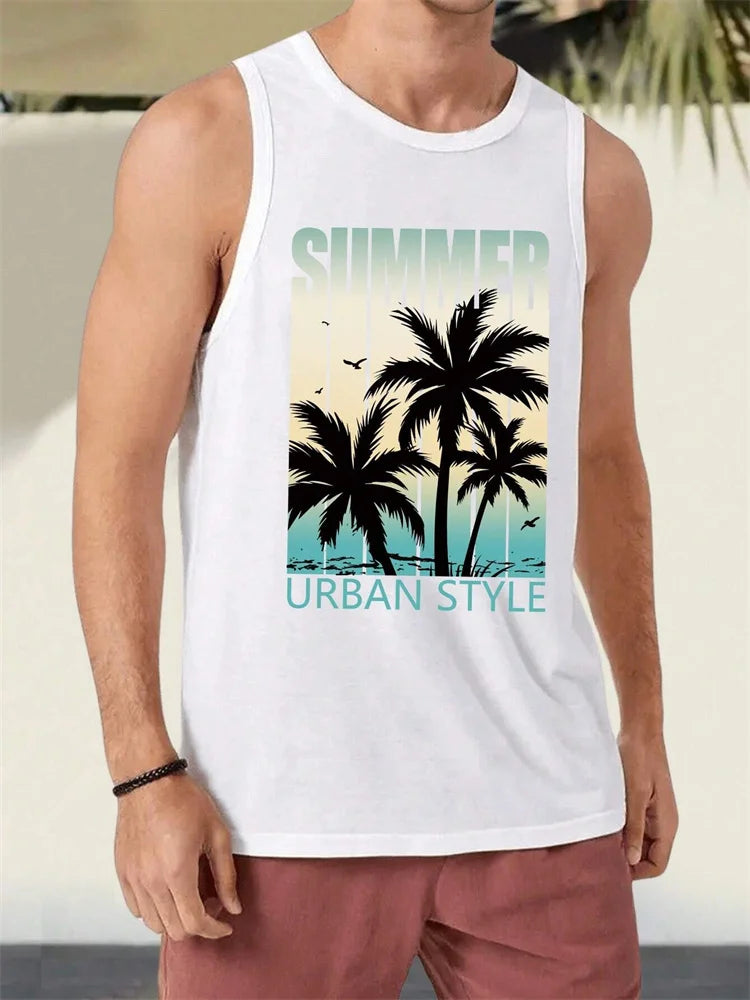 Stylish Men's Vacation Hawaiian Vest Gradient Coconut Print Casual Yacht Party Vest Plus Size Mens Resort Breathable T-Shirt Top