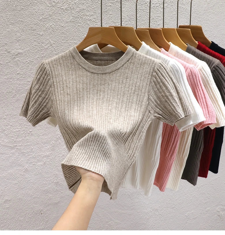 Summer T shirts for Women Casual Female Korean Knit Streetwear Tees Basic Solid Young Cool Tops