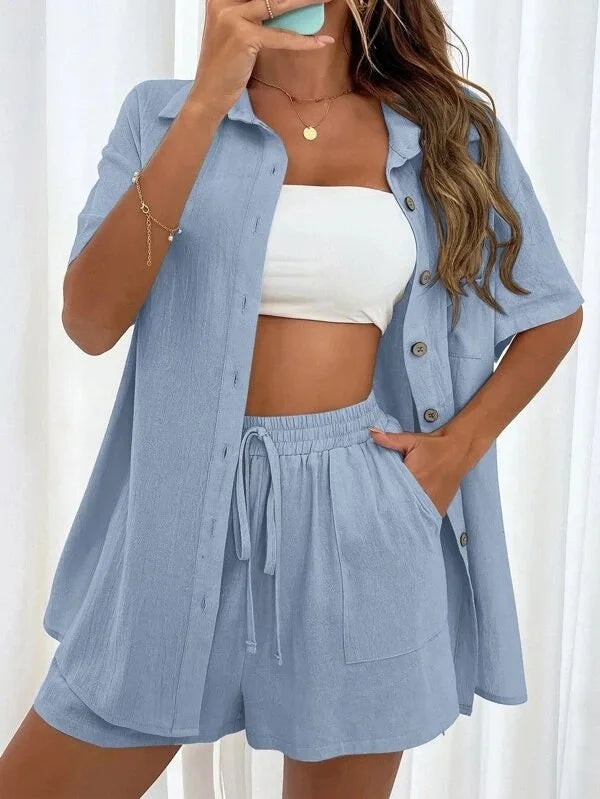 Long Sleeve Single breasted Top Broad legged Shorts Set Fashion Ladies Sexy Solid Suits 2023 Summer 2 Piece Outfits For Women