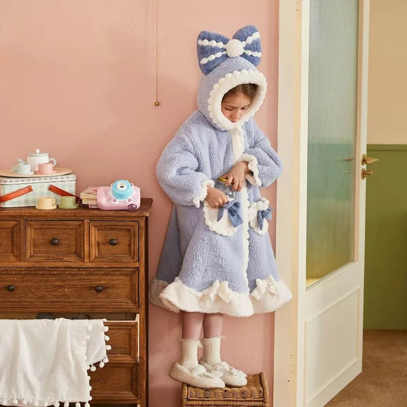 Girls Flannel Pajamas Autumn Winter Robes for Kids Warm Nightgowns for Children Teenager Bath Towel for Kids Clothes