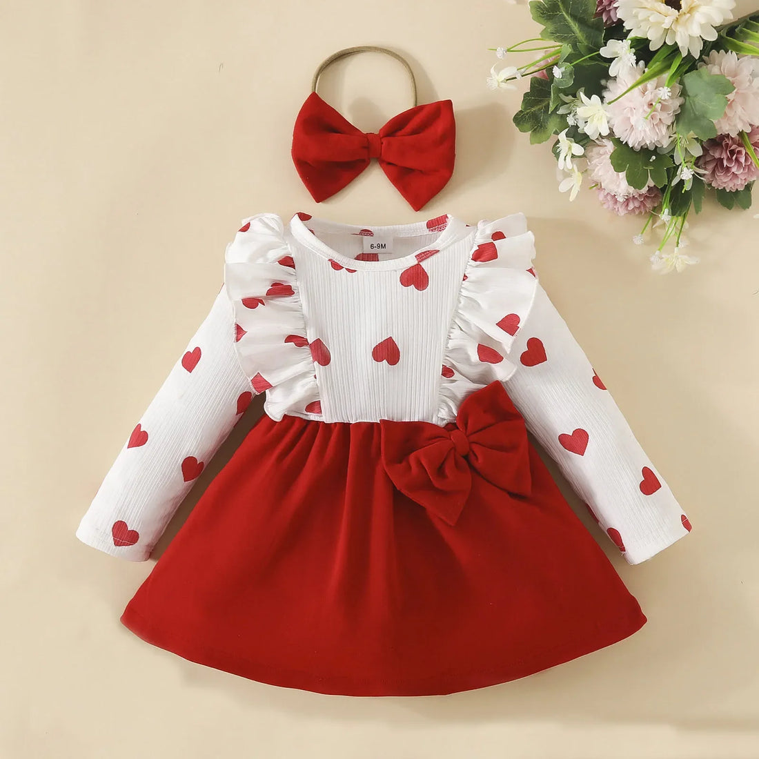 Valentine's Day Baby Clothes 0-3Y Girls Outfits Infant Heart Print Dress with Bow Headwear 2Pcs Toddler Cute Princess Dress