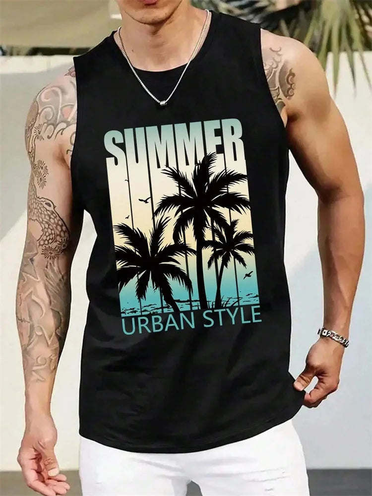 Stylish Men's Vacation Hawaiian Vest Gradient Coconut Print Casual Yacht Party Vest Plus Size Mens Resort Breathable T-Shirt Top