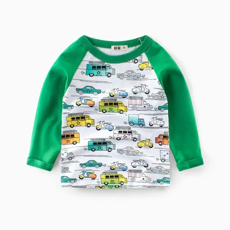 2025 Autumn T Shirt Cartoon Car T-shirt Boys Girls Baby Kids Clothes Cotton Long Sleeve Top for Boy Children's Clothing 2-9 Year