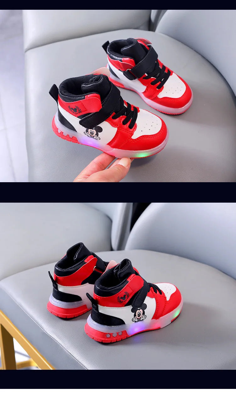 Disney Children's Sneakers Boys Girls Mickey Led Light Sport Shoes Student Shoes Hook Anti-slip Kids Outdoor Shoes Basket Shoes