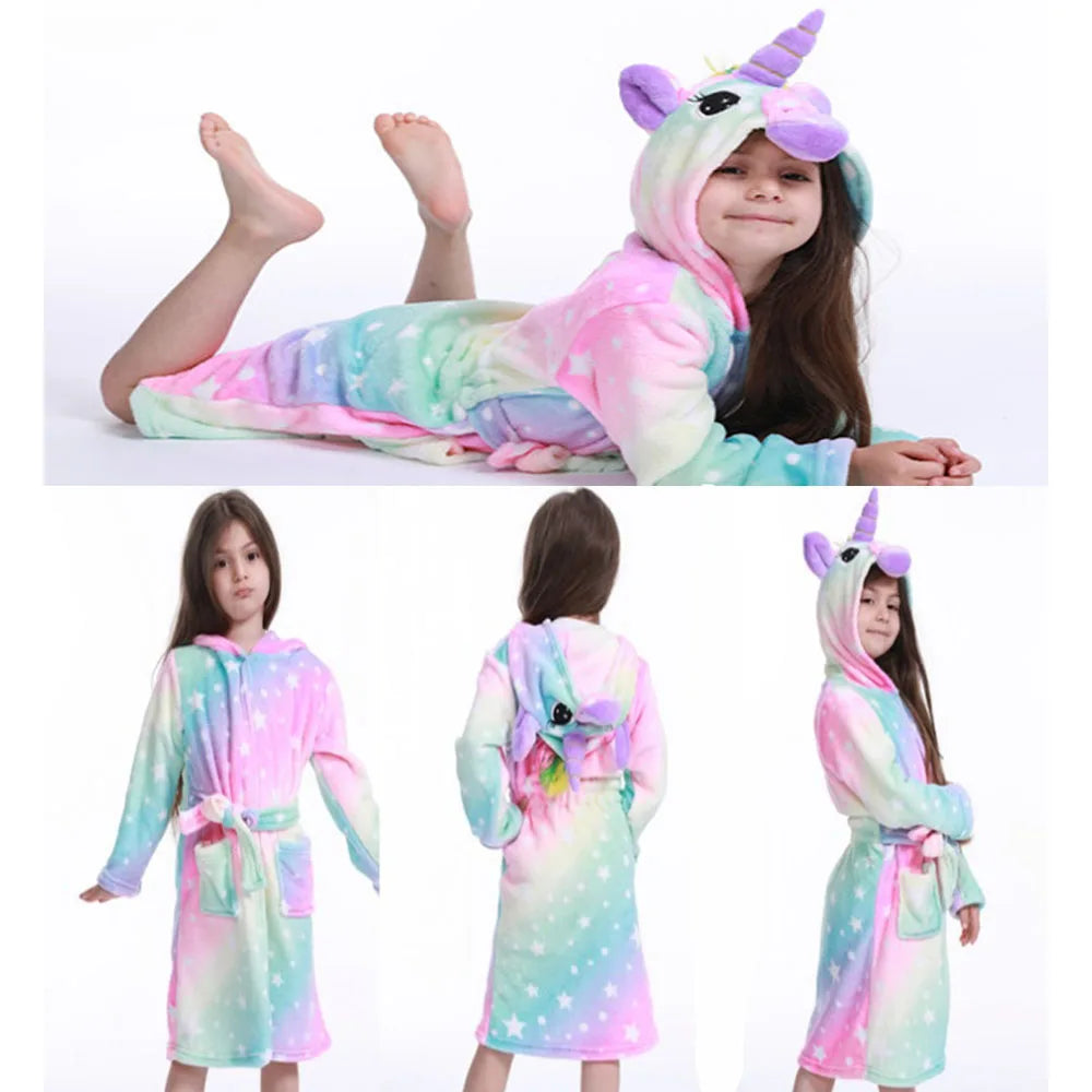 Lilo & Stitch Disney Girls Robes Children's Nightgowns Flannel Winter Sleepwear Kids Pyjamas Blue Stitch Unicorn Kigurumi Robes