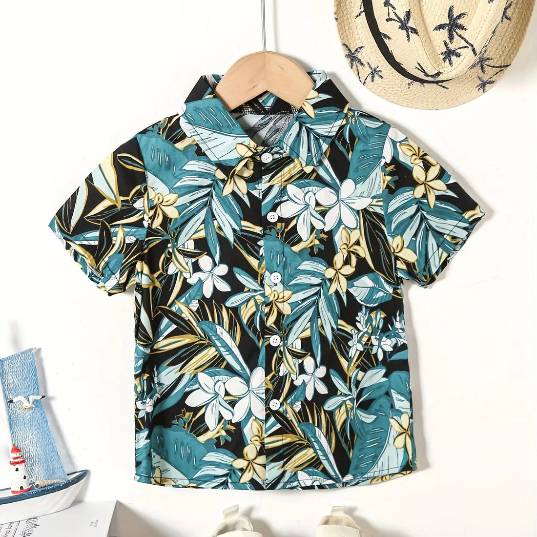 Boys Summer Holiday Hawaiian Party Style Floral And Leaf Full Print Kids Short Sleeve Lapel Shirt Children Summer Tops