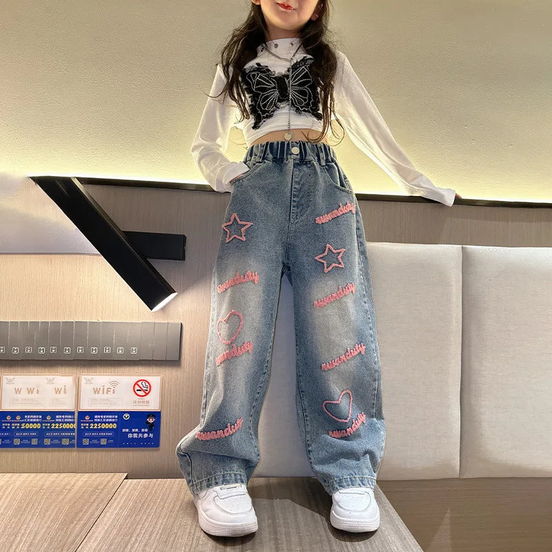 Girls School Wide Leg Pants with Heart Star Design Casual Loose 2024 Kids Fashion Long Jeans Children Korean Style Trousers