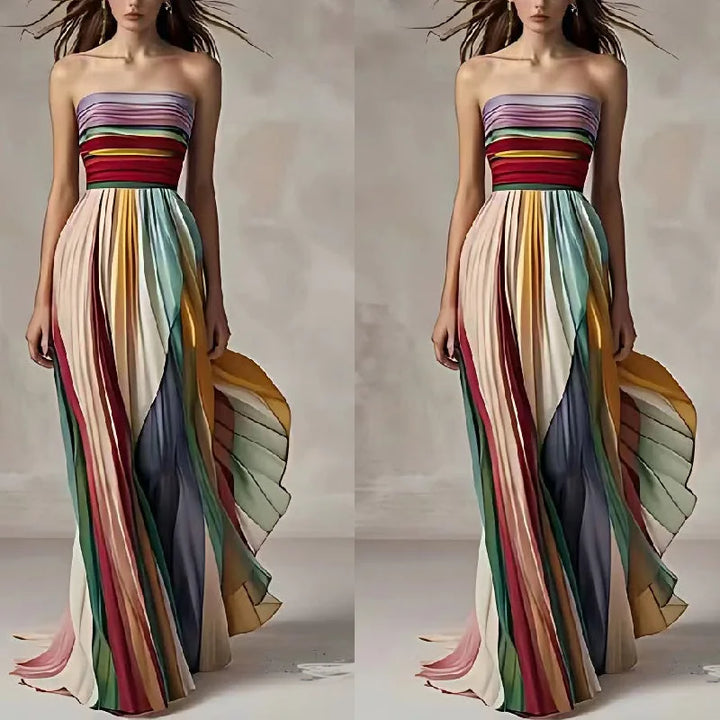 Sexy Fashion Strapless Off Shoulder High Waist Corset Folds Evening Floor Length Dress Robe Elegant Women Rainbow Party Dress