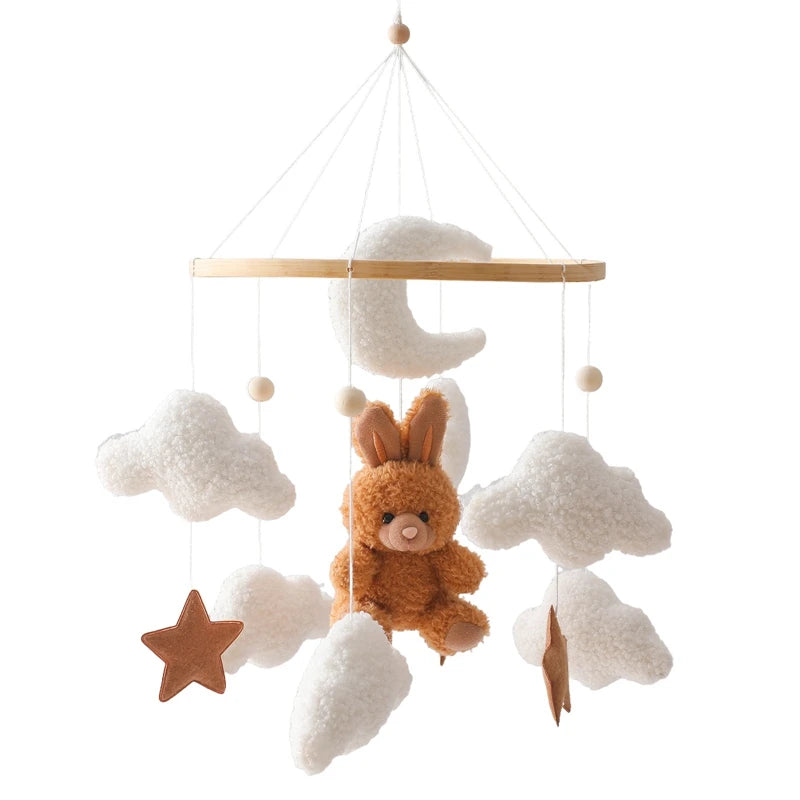 Baby Wooden Bed Bell Mobile Hanging Rattle Toys Teddy Velvet Bear Rabbit Doll Toy Newborn Music Hanger Crib Mobile Bracket Gifts