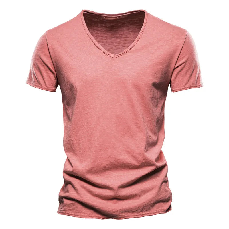 AIOPESON 100% Cotton Men T-shirt V-neck Fashion Design Slim Fit Soild T-shirts Male Tops Tees Short Sleeve T Shirt For Men