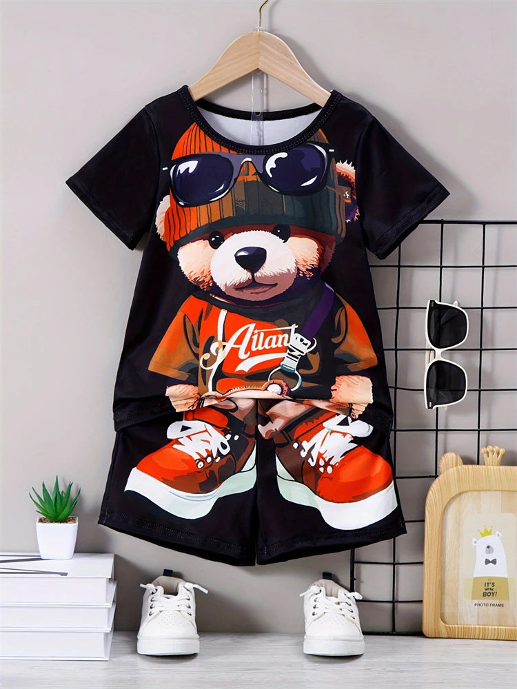 Summer Daily Casual Men's Short-sleeved Outdoor Sports Men's Beach Pants Fashion Bear Print Men's T-shirt And Shorts 2pcs Set