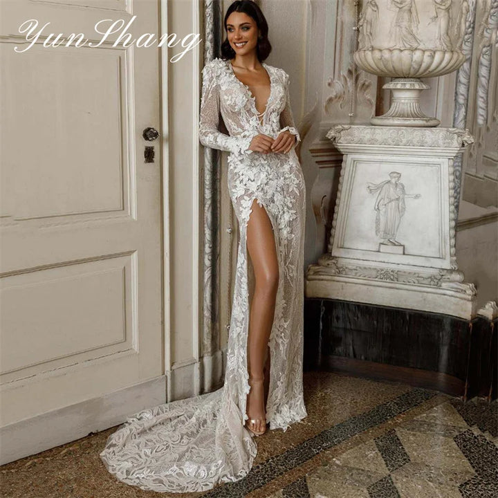 Yunshang Luxury Mermaid Wedding Dresses Women Lace Open Back Long Sleeve V-Neck Split Bridal Gown Vestidos De Novia Customized