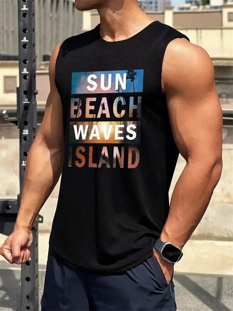 Stylish Men's Vacation Hawaiian Vest Gradient Coconut Print Casual Yacht Party Vest Plus Size Mens Resort Breathable T-Shirt Top