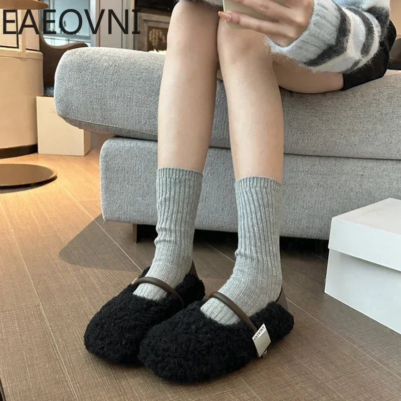 Spring Women Warm Cotton Flat Shoes Fashion Round Toe Shallow Slip On Ladies Ballerinas Shoes Soft Casual Outdoor Laofer Shoes