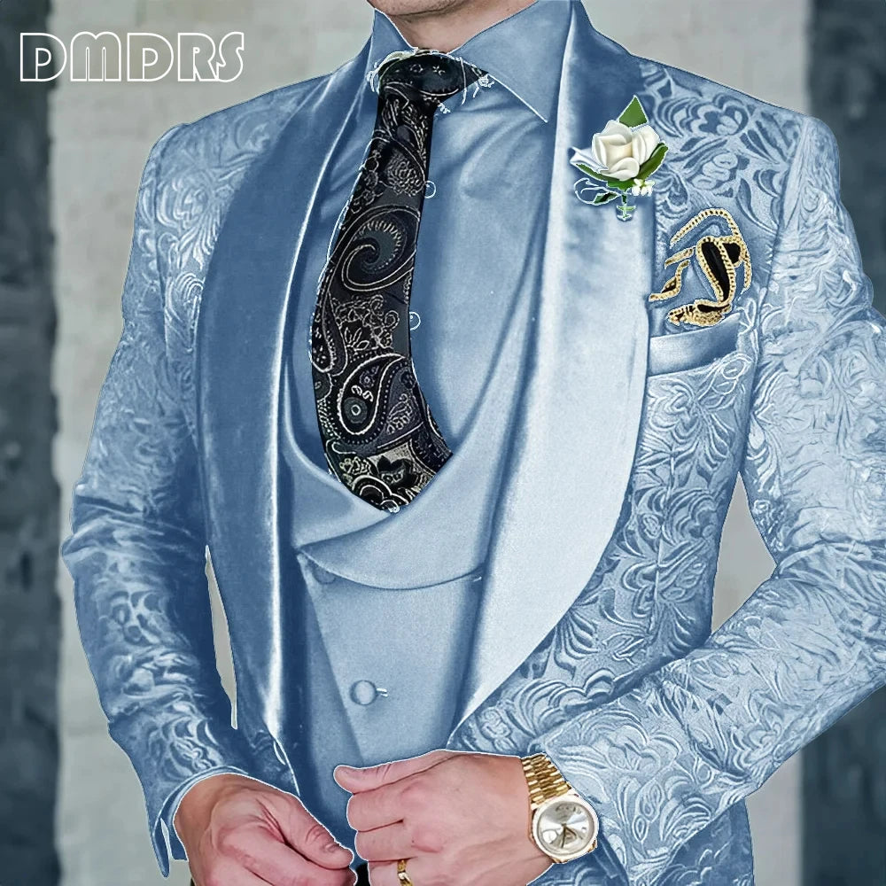 DMDRS | Jacquard Men's 3-piece Suit Set Formal Party Dress Groom's Tuxedo High Quality Elegant Men's Customized Outfit