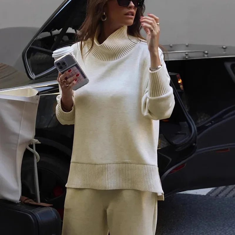 Knitted Solid Women Sweater Set High Waist Wide Leg Lady Pants Sets 2025 Elegant Casual High Collar Loose Female Pullover Suit