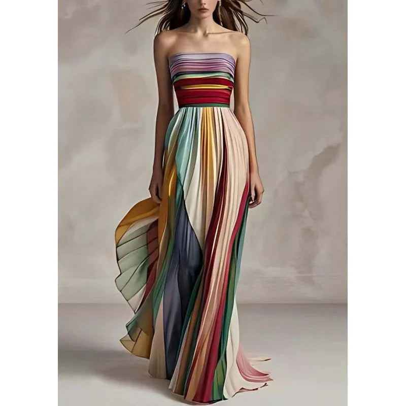 Sexy Fashion Strapless Off Shoulder High Waist Corset Folds Evening Floor Length Dress Robe Elegant Women Rainbow Party Dress