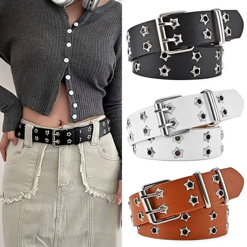 New Star Eye Rivet Belt Goth Style Double Pin Buckle Man/woman Fashion Casual Punk Style Pu Leather Waistband for Jeans Y2K Belt