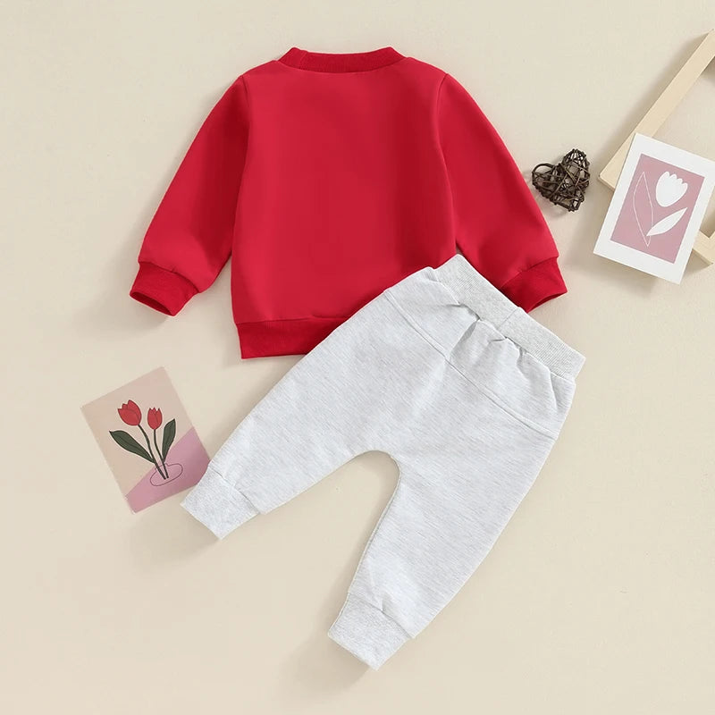 Toddler Valentine s Day Clothing Set with Heart Print Long Sleeve Top and Elastic Waist Pants for Baby Boy s Fall Outfits