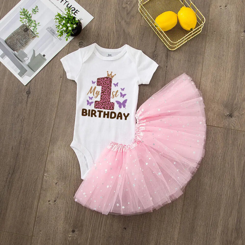 My 1st Birthday Baby Girl Birthday Dress + Bodysuit Set Pink Tutu Cake Dresses + Romper Outfits Girls Summer Clothes Jumpsuit