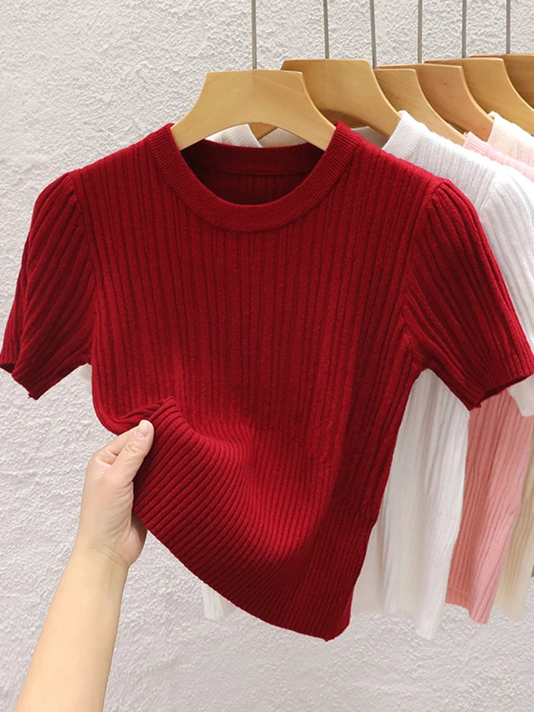 Summer T shirts for Women Casual Female Korean Knit Streetwear Tees Basic Solid Young Cool Tops