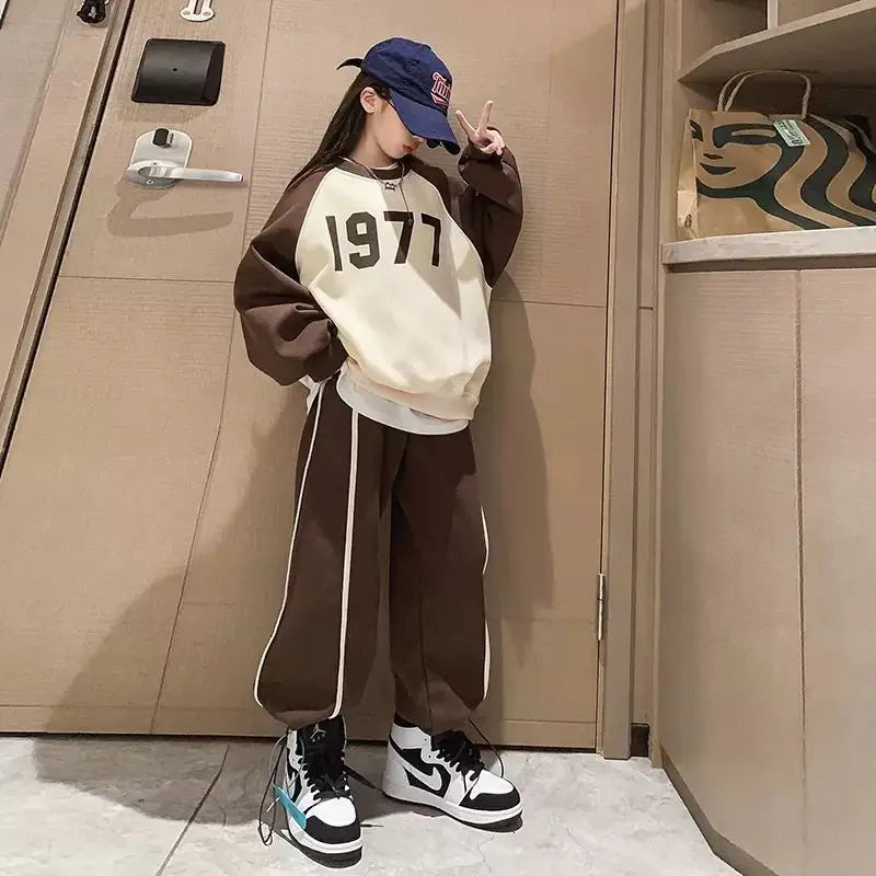 Autumn Girl Clothes tracksiut T-shirt hoodie + coffee teens striped loose pants 2pcs Outfits 8 9 6 10 12 13 14 Years