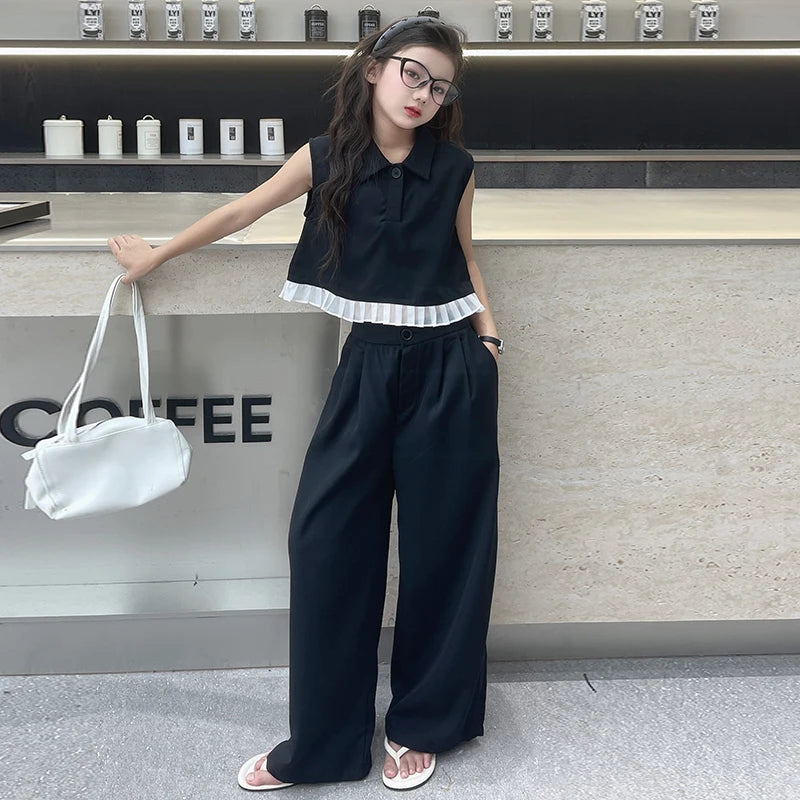 Design 4 6 8 10 12 14 teenage sleeveless wide leg pants set Flip collar ruffled top trousers 2pcs junior kids suit child outfits