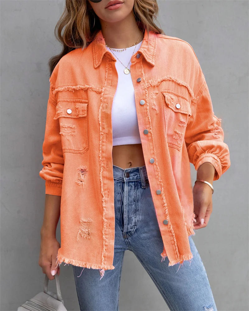 2023 Holes Raw-edges Denim Jacket Women Spring Autumn Shirt Style Jeancoat Casual Top Rose-Red Orange Purple Outerwear Lady Coat