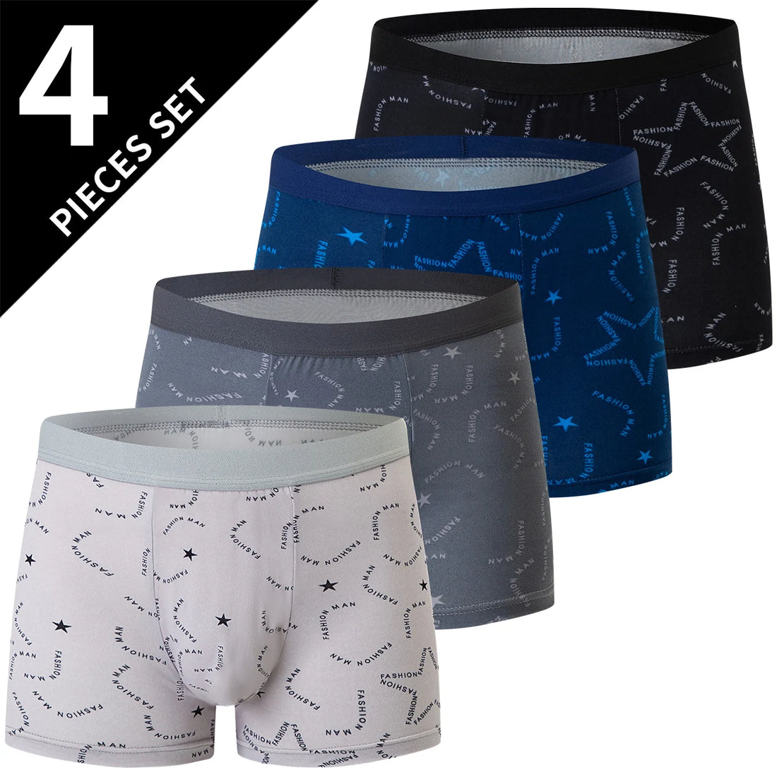 4-piece MEN'S Underwear Comfortable and Fashionable Plus-size Printed Boyshort Maximum 6XL Swimming Trunks for Teenagers.