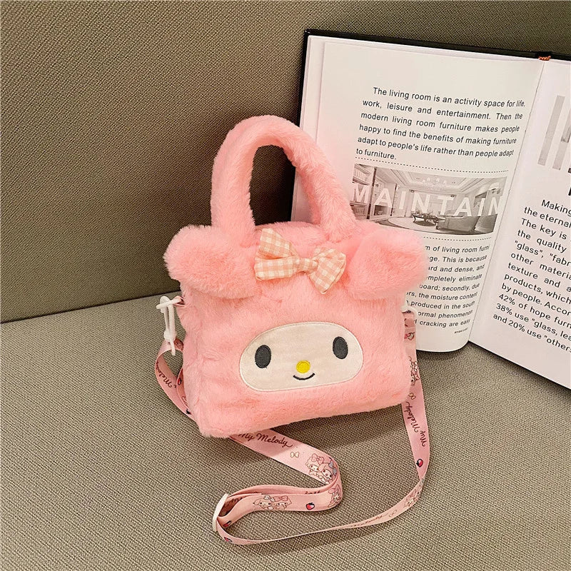 MINISO Sanrio Plush Bag Kawaii Kuromi Cinnamoroll Melody Cartoon Anime Handbag Crossbody Cosmetic Travel Storage Bags