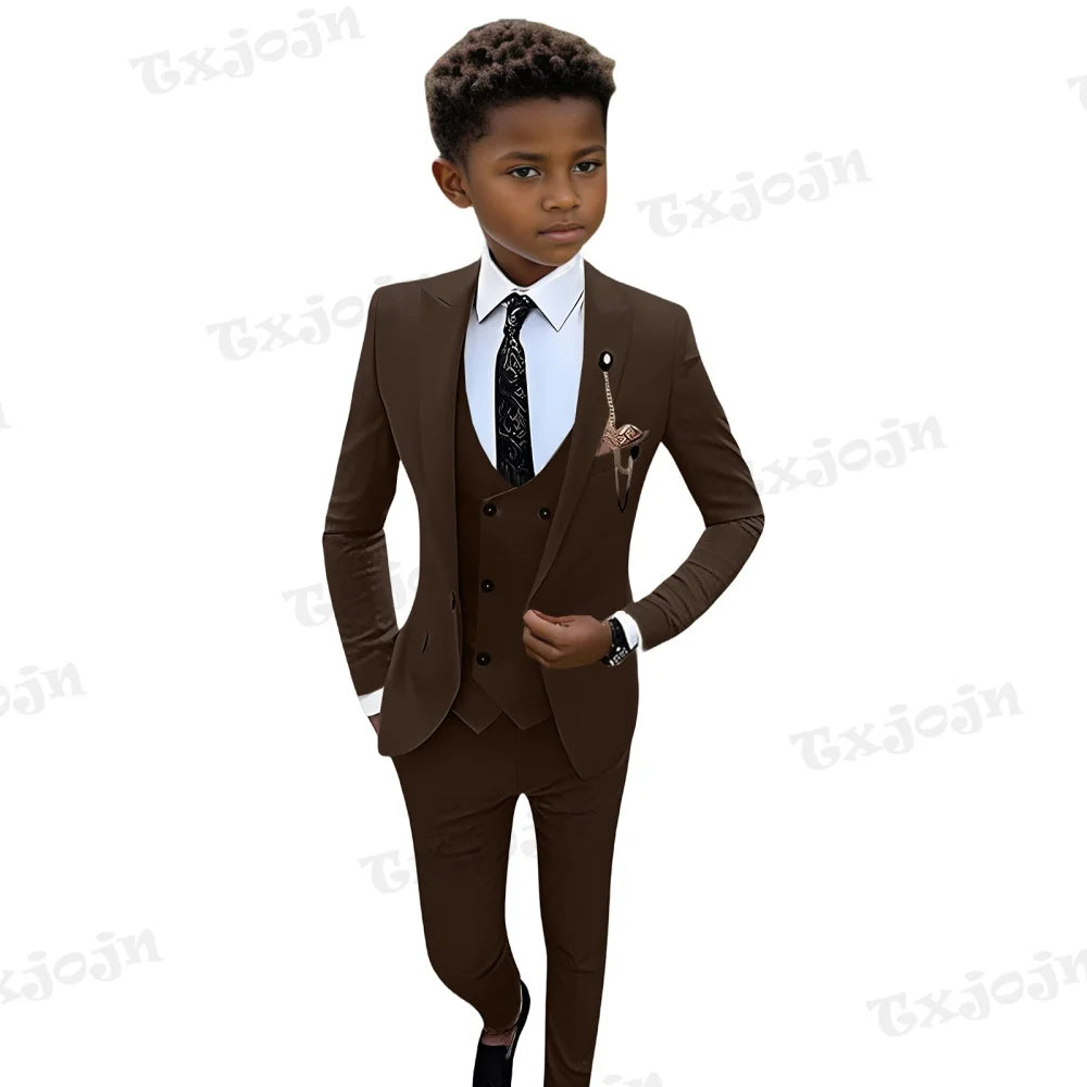 Fashionable Brown Shawl Neck Children Tuxedo Set 3-14Y Elegant One Button Boys Suit 4 Pieces For Wedding Party Guest