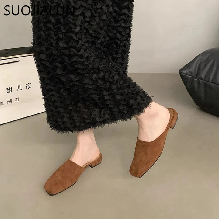 SUOJIALUN 2024 Autumn Women Flat Shoes Fashion Round Toe Slip On Mules Shoes Soft Flat Heel Outdoor Casual Dress Sandal Shoes