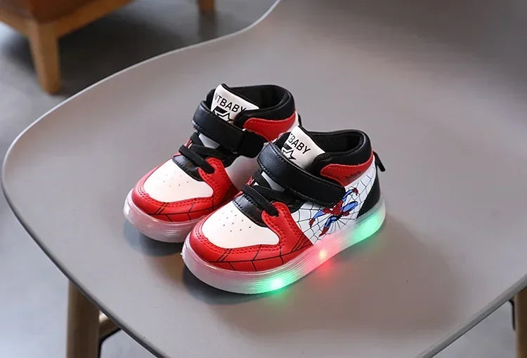 Disney Children's Led Light Shoes Fashion Design Spiderman Boys Sneakers Girls Cartoon Casual Shoes Breathable Kids Sport Shoes