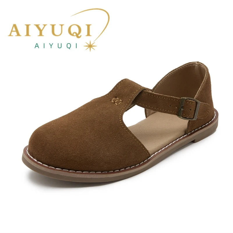 AIYUQI flat-soled retro frosted genuine leather women's sandals 2024 new hollow women's shoes Roman Baotou sandals for women