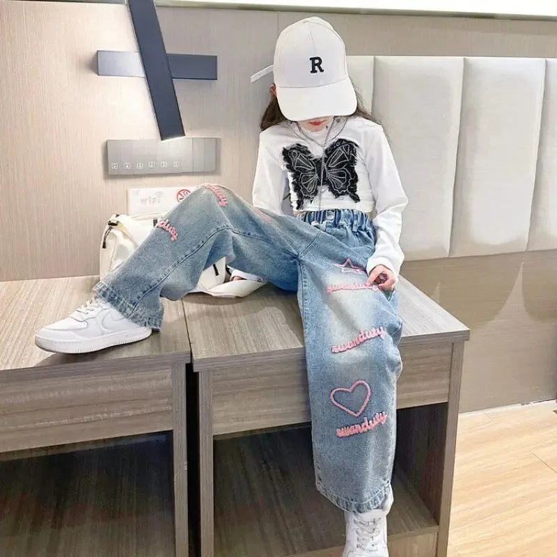 Girls School Wide Leg Pants with Heart Star Design Casual Loose 2024 Kids Fashion Long Jeans Children Korean Style Trousers