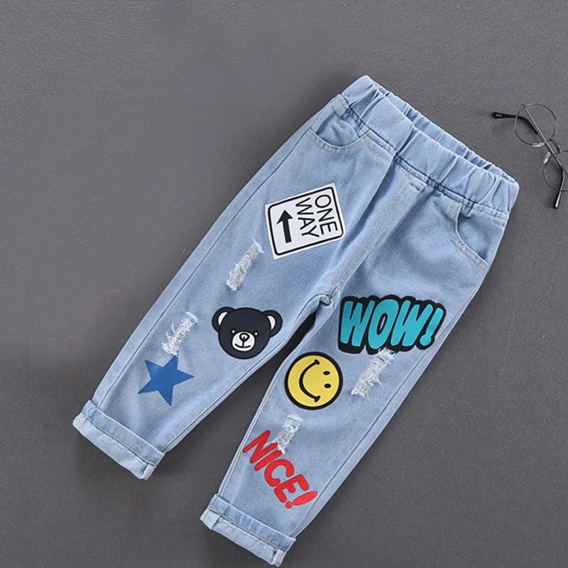 Spring Autumn Children Jeans  Boys Cotton Print Splice Stretch Denim Pants Korean Teenage Trousers Wear Kids ClothingDenimRipped