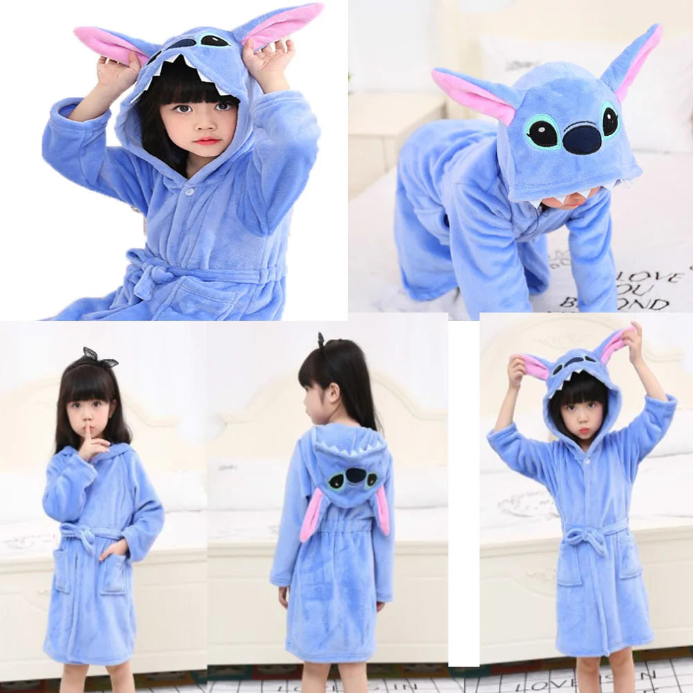 Lilo & Stitch Disney Girls Robes Children's Nightgowns Flannel Winter Sleepwear Kids Pyjamas Blue Stitch Unicorn Kigurumi Robes