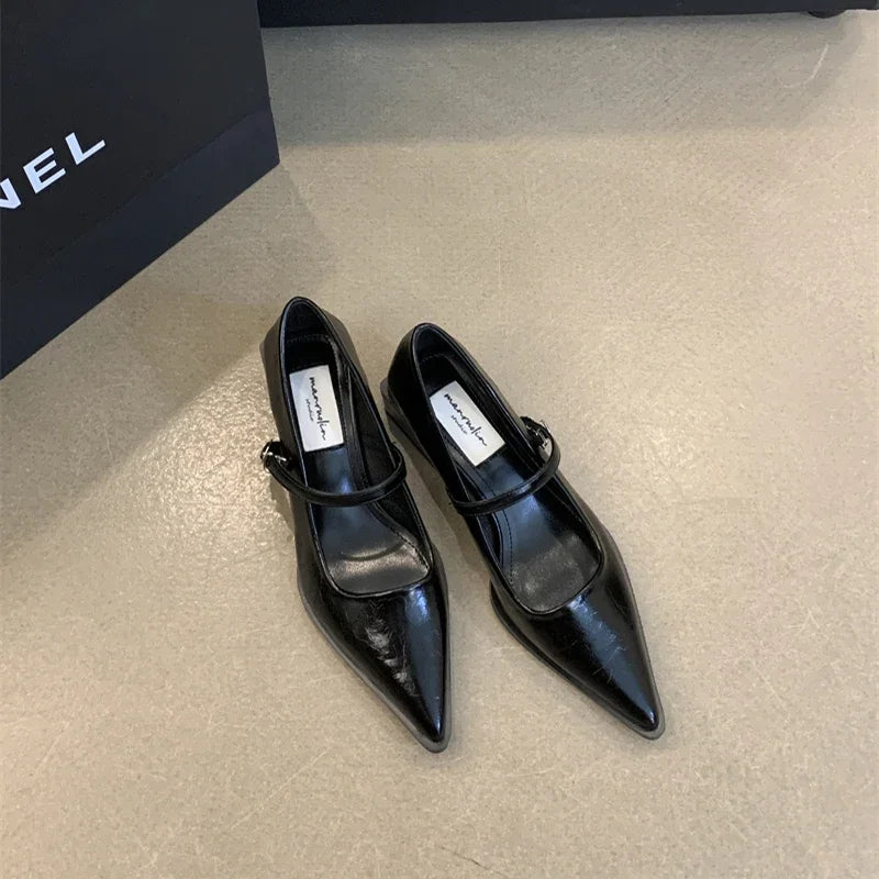 Retro Style Thick Heel Women Mary Jane Shoes Fashion Shallow Pointed Toe Ladies Comfort Office Pumps Footwear