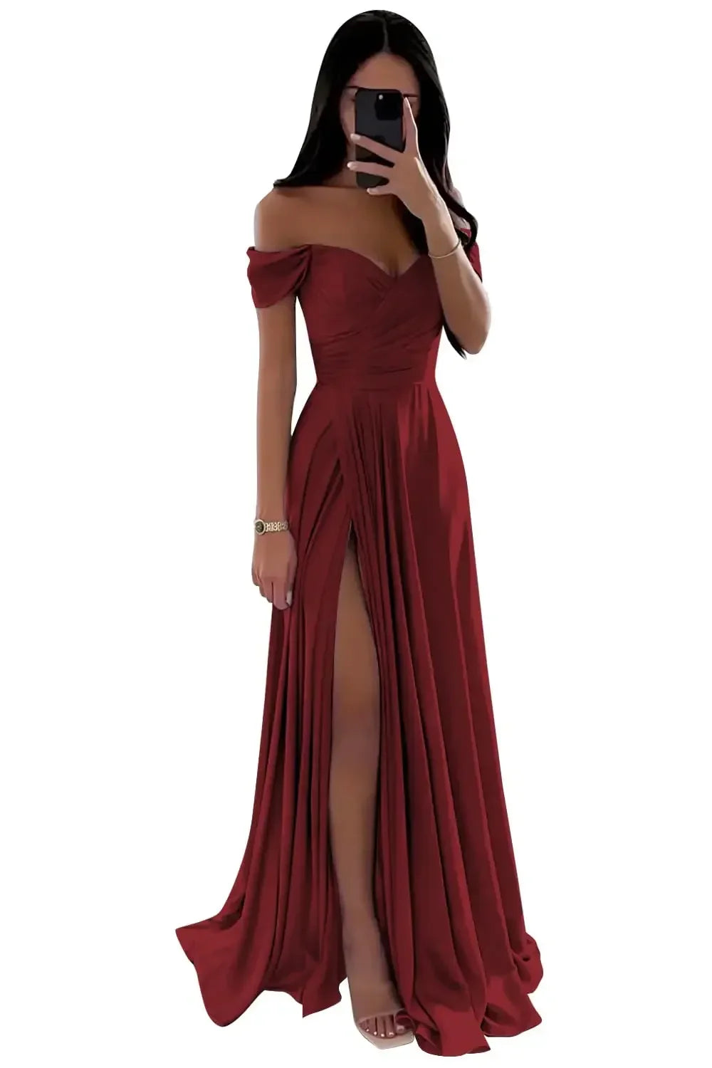 GDYBAO Women's Off The Shoulder Bridesmaid Dresses for Wedding Slit Long Pleated Satin Prom Dress Customized A-Line Evening Gown